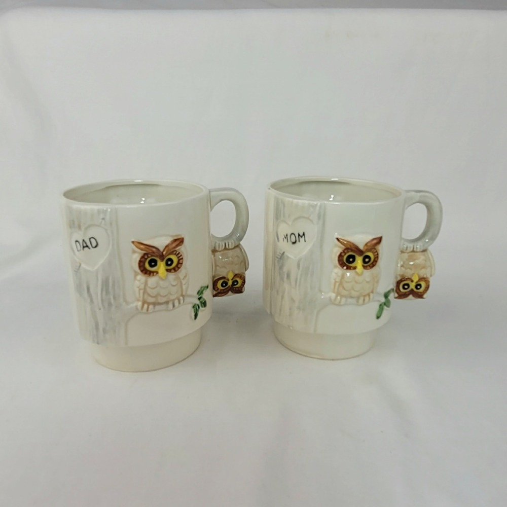 Vintage Mom and Dad Owl Mug Set Ceramic 3D Figural Tree Bark Coffee Cups 2pc